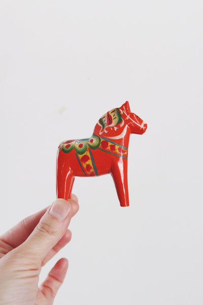 Vintage Hand-Painted Red Swedish Dala Horse Figurine Folk Art Hand Carved Painted