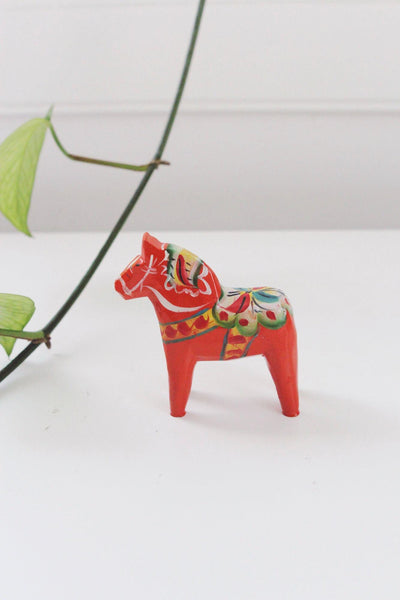 Vintage Hand-Painted Red Swedish Dala Horse Figurine Folk Art Hand Carved Painted