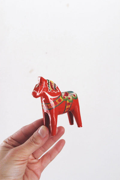 Vintage Hand-Painted Red Swedish Dala Horse Figurine Folk Art Hand Carved Painted