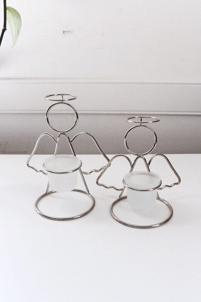 Set Of 2 Vintage Angel Tealight Candle Holders Silver Frosted Glass Votive Minimalist