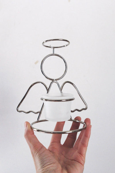Set Of 2 Vintage Angel Tealight Candle Holders Silver Frosted Glass Votive Minimalist