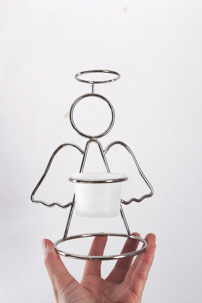 Set Of 2 Vintage Angel Tealight Candle Holders Silver Frosted Glass Votive Minimalist