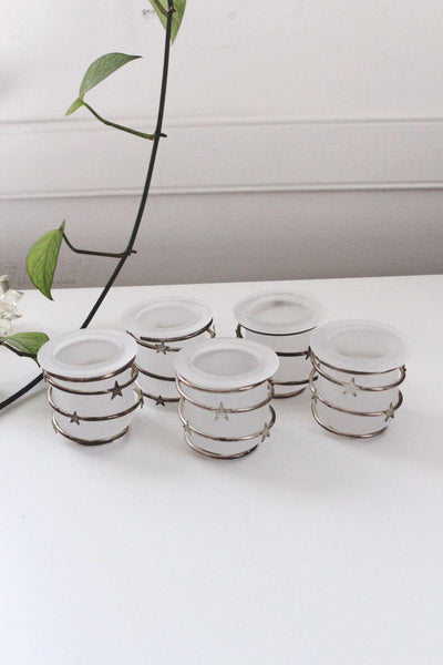 Set Of 5 Vintage Frosted Glass Tea Light Votive Candle Holders Celestial Star Silver