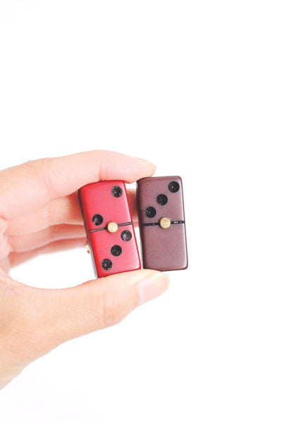 Vintage Bakelite Domino Clip-On Earrings Red Brown Retro Jewelry Accessories