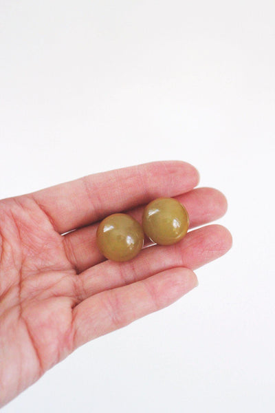 Vintage Olive Green Bakelite Button Clip on Earrings 30s 40s Retro Jewelry Accessory