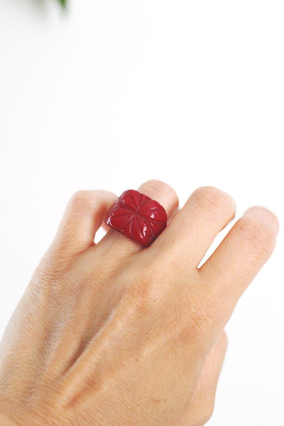 Carved Red Bakelite Ring Floral Vintage Statement Jewelry Size 5 Art Deco Women