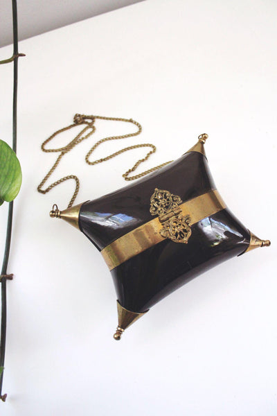 Vintage Black Gold Brass Pillow Purse Cushion Purse Minaudiere Art Deco Chain Strap