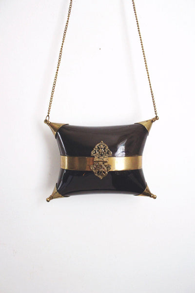 Vintage Black Gold Brass Pillow Purse Cushion Purse Minaudiere Art Deco Chain Strap