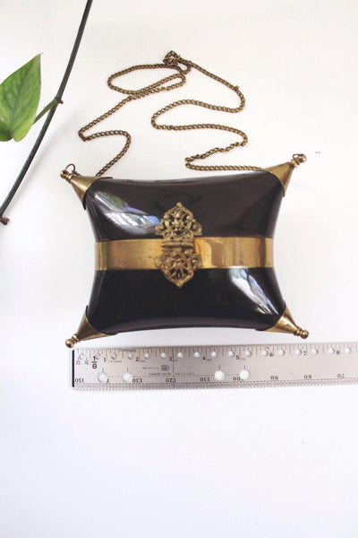 Vintage Black Gold Brass Pillow Purse Cushion Purse Minaudiere Art Deco Chain Strap