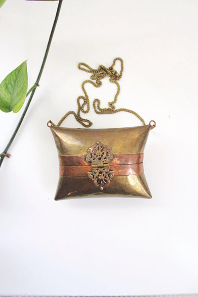 Vintage Art Deco Brass Copper Pillow Purse Minaudiere Chain Strap 20s 30s Antique