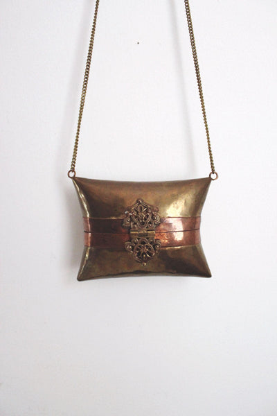 Vintage Art Deco Brass Copper Pillow Purse Minaudiere Chain Strap 20s 30s Antique