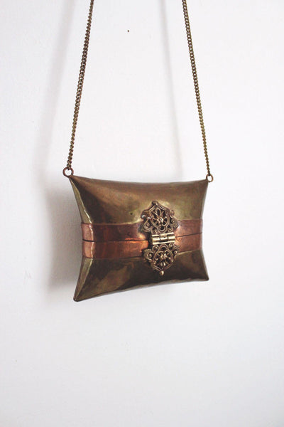 Vintage Art Deco Brass Copper Pillow Purse Minaudiere Chain Strap 20s 30s Antique