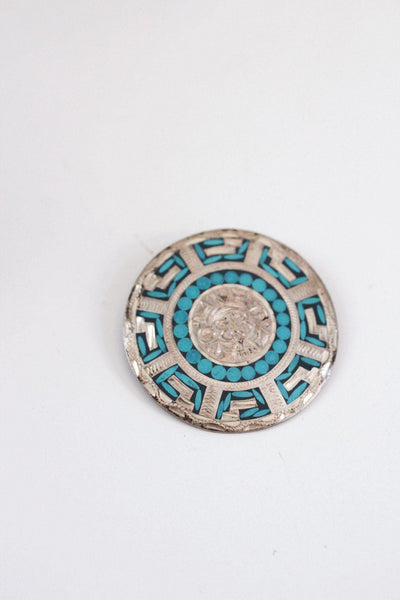 Vintage Sterling Silver Turquoise Brooch Pendant Mosaic Inlay Aztec Mayan