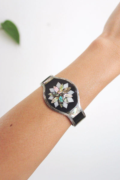Vintage Alpaca Silver Abalone Mother-Of-Pearl Inlay Cuff Bracelet Enamel Mexico