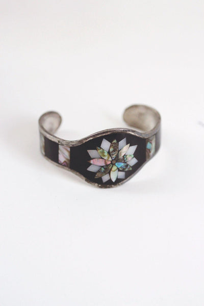 Vintage Alpaca Silver Abalone Mother-Of-Pearl Inlay Cuff Bracelet Enamel Mexico
