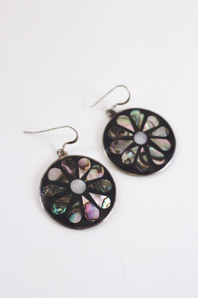 Vintage Mexican Alpaca Silver Abalone Shell Flower Dangle Earrings Boho Jewelry
