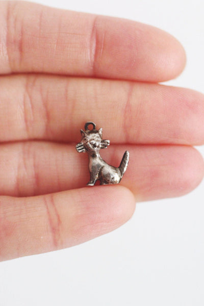 Vintage Sterling Silver Cat Charm Pendant Animal Antiqued Oxidized Miniature Retro