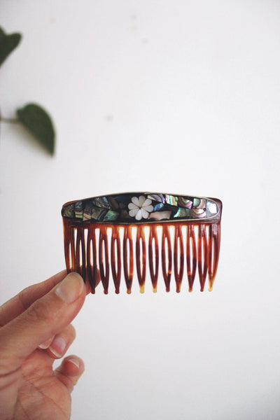 Vintage French Faux Tortoiseshell Side Hair Combs Abalone Mother-Of-Pearl Inlay Mosaic