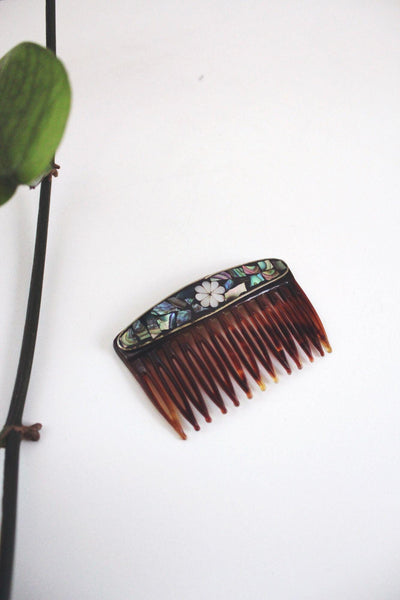 Vintage French Faux Tortoiseshell Side Hair Combs Abalone Mother-Of-Pearl Inlay Mosaic