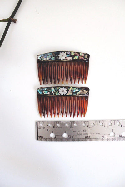 Vintage French Faux Tortoiseshell Side Hair Combs Abalone Mother-Of-Pearl Inlay Mosaic