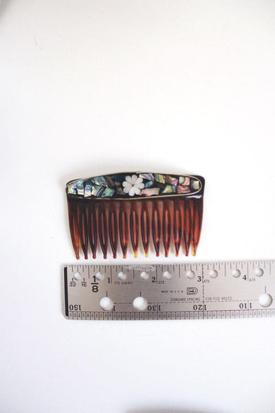 Vintage French Faux Tortoiseshell Side Hair Combs Abalone Mother-Of-Pearl Inlay Mosaic
