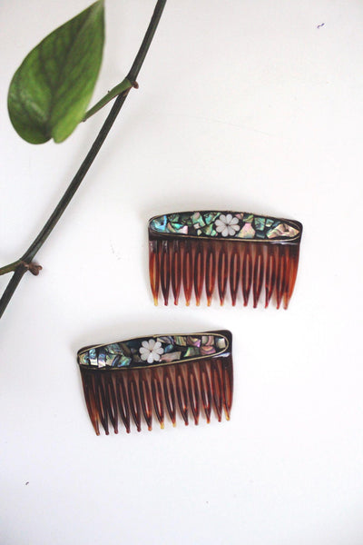 Vintage French Faux Tortoiseshell Side Hair Combs Abalone Mother-Of-Pearl Inlay Mosaic