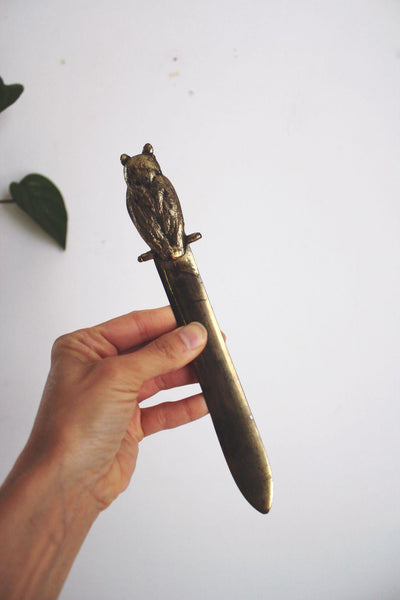 Vintage Solid Brass Owl Letter Opener 8" Decorative Desk Accessory With Patina Finish