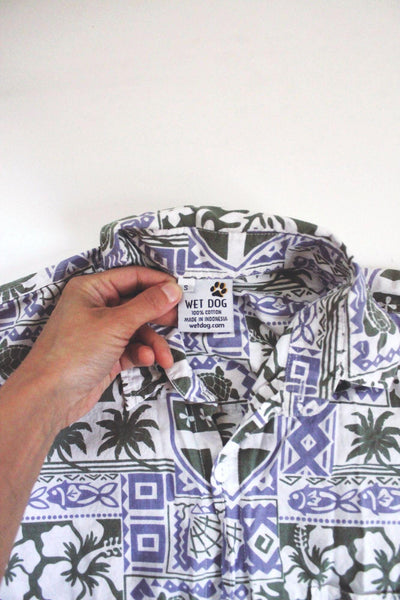 Vintage Wet Dog Hawaiian Shirt Tropical Floral Animal Button-Up Cotton Small 90s