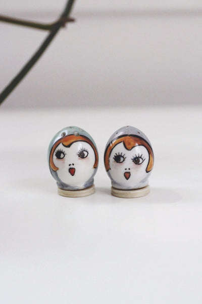 Rare Hand Painted Vintage Noritake Art Deco Lady Flapper Girl Salt Pepper Shakers