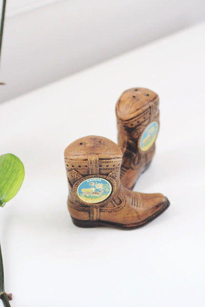 Vintage Ceramic Cowboy Boot Kansas Salt Pepper Shakers Japan Mid Century Western Souvenir