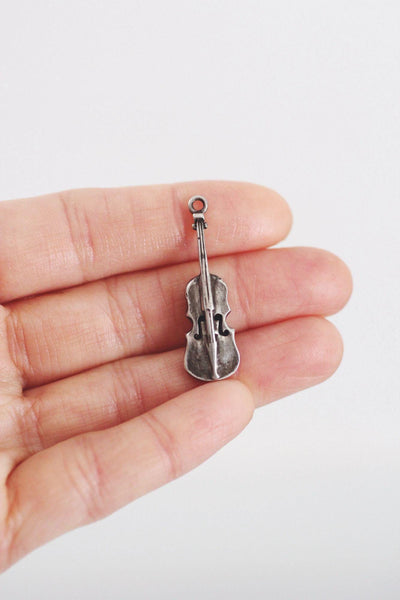 Sterling Silver Violin Charm Pendant Vintage Antiqued Oxidized Music Musician