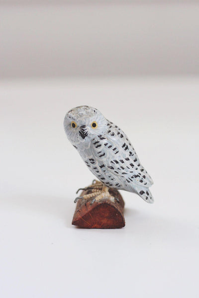 Vintage Wooden Hand Carved Painted Snowy Owl Figurine Sculpture Miniature Trinket