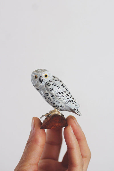 Vintage Wooden Hand Carved Painted Snowy Owl Figurine Sculpture Miniature Trinket