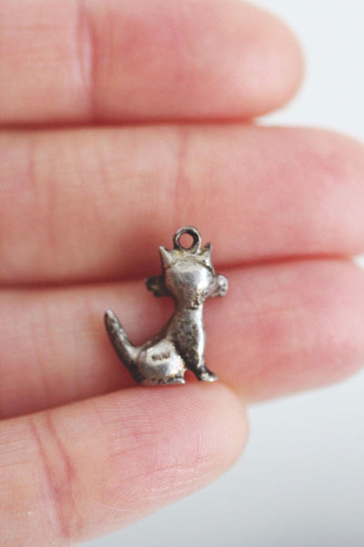 Vintage Sterling Silver Cat Charm Pendant Animal Antiqued Oxidized Miniature Retro