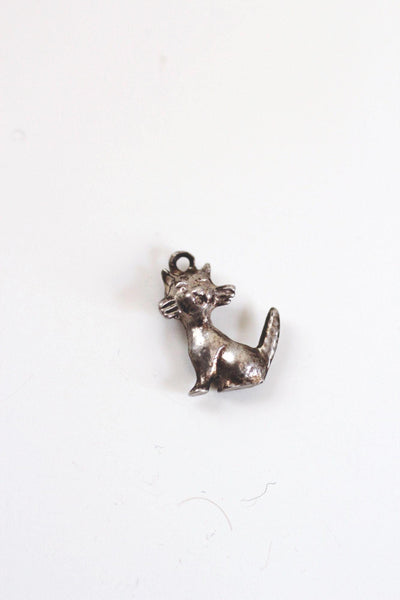 Vintage Sterling Silver Cat Charm Pendant Animal Antiqued Oxidized Miniature Retro
