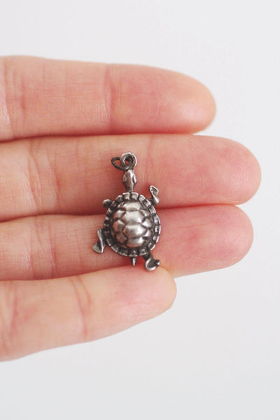 Sterling Silver Turtle Pendant Charm 3D Vintage Antiqued Oxidized Animal Retro