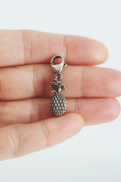 Sterling Silver Pineapple Clip On Charm Pendant Vintage Retro Antiqued Oxidized