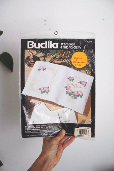 Vintage 1994 Bucilla Stamped Embroidery Kit Bible Cover Craft Floral Needlecraft New Sealed
