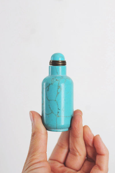 Antique Chinese Turquoise Snuff Bottle Matrix Vein Brass Vintage Collectible Display