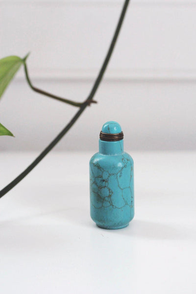 Antique Chinese Turquoise Snuff Bottle Matrix Vein Brass Vintage Collectible Display