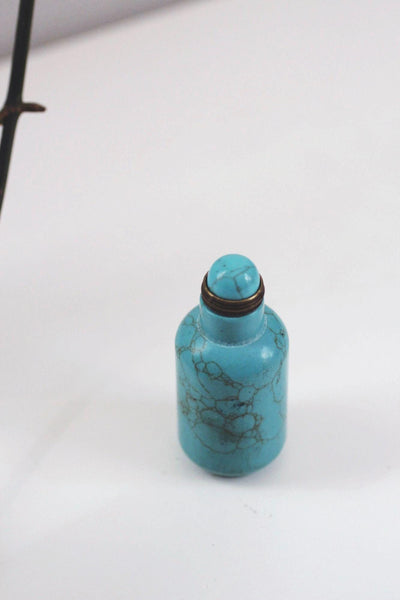 Antique Chinese Turquoise Snuff Bottle Matrix Vein Brass Vintage Collectible Display