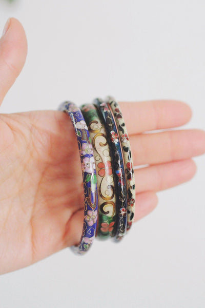 Vintage Chinese Cloisonné Enamel Bangle Bracelets Floral Set Blue Green