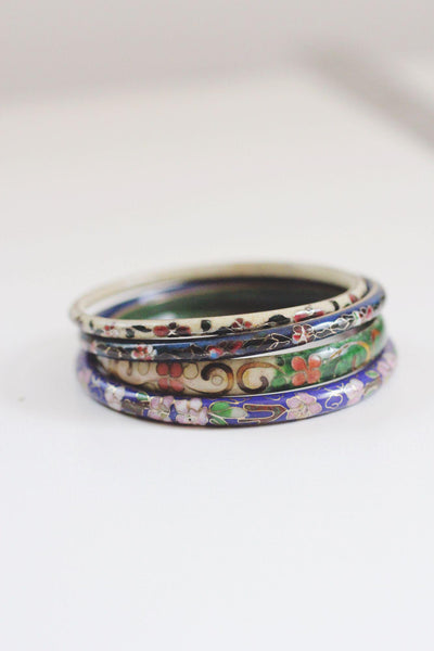 Vintage Chinese Cloisonné Enamel Bangle Bracelets Floral Set Blue Green