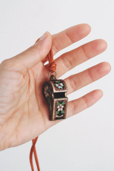 Vintage Cloisonné Enamel Whistle Pendant Necklace Chinese Floral Bird Red Cord