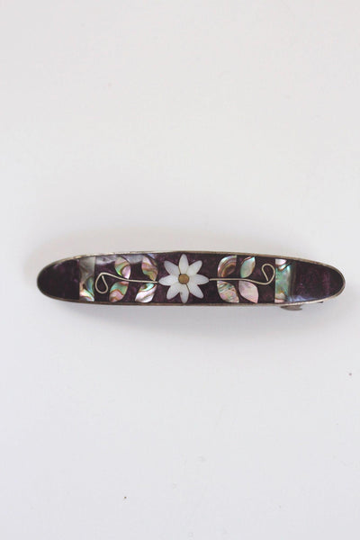 Vintage Alpaca Silver Hair Barrette Mexico Floral Mother-Of-Pearl Abalone Shell Inlay Mosaic