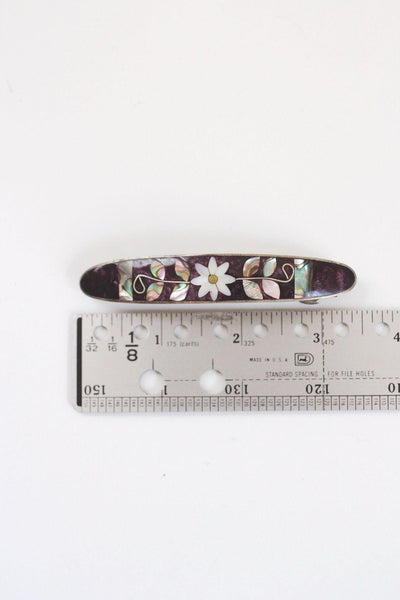 Vintage Alpaca Silver Hair Barrette Mexico Floral Mother-Of-Pearl Abalone Shell Inlay Mosaic