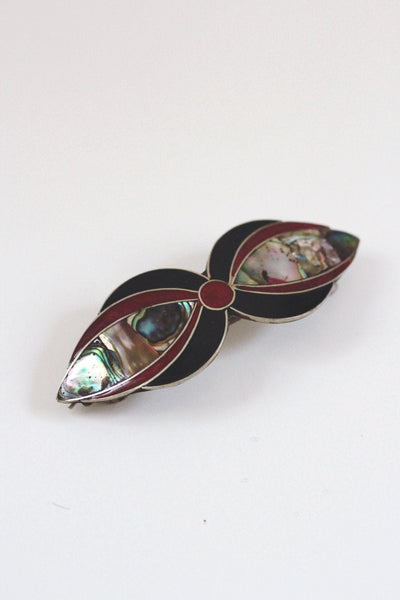Vintage Alpaca Silver Hair Barrette Mexico Abalone Shell Mother Of Pearl MOP Enamel Inlay