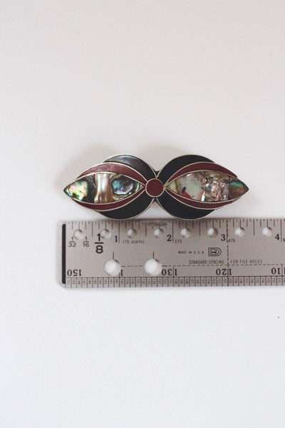 Vintage Alpaca Silver Hair Barrette Mexico Abalone Shell Mother Of Pearl MOP Enamel Inlay