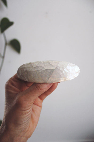 Vintage White Crackle Mother Of Pearl Hair Barrette Capiz Sea Shell French Clip MOP Oval