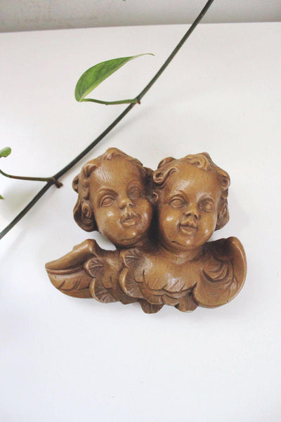 Vintage Hand-Carved Wood Angel Cherub Wall Hanging Decor Art Italian Heads Winged